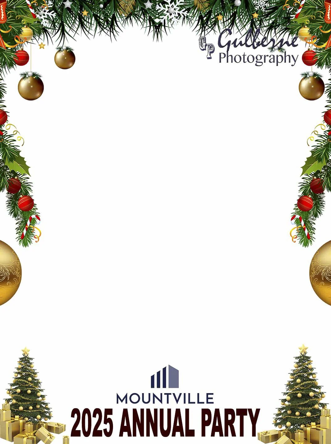Festive holiday border with Christmas ornaments and pine branches, with text that reads "Mountville 2025 Annual Party".