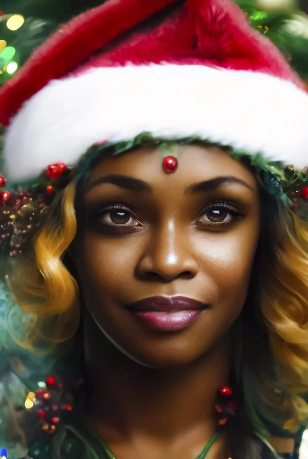 AI PHTOBOOTH TEMPLATE 
A woman wearing a red and white Santa hat decorated with holly and red berries, with a Christmas tree in the background.