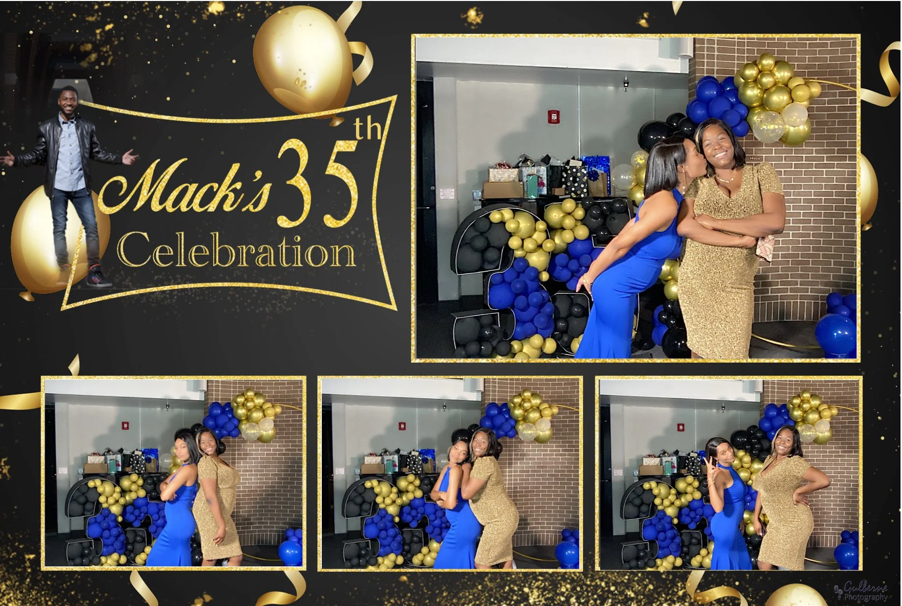 Collage of photos from Mack's 35th celebration featuring balloons in gold, black, and blue, with friends posing and celebrating.
