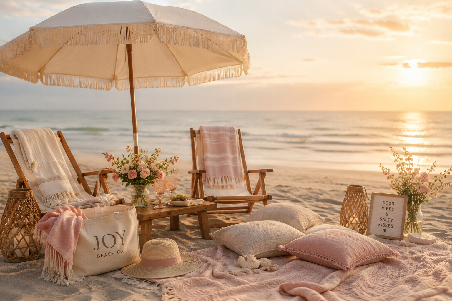A beach scene with lounge chairs, a large umbrella, cushions, blankets, a picnic table with flowers, and a sunset in the background.