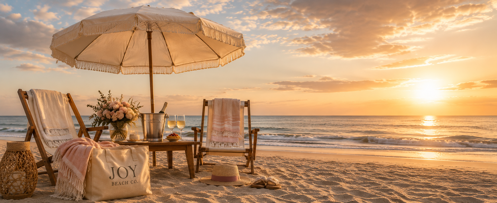 Beach setup with wooden chairs and a table under a large umbrella, with flowers, wine, and snacks, at sunset on the sand with waves in the background.
