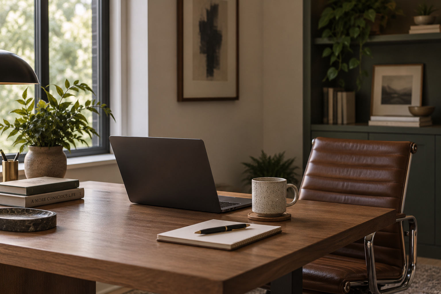 A calm home office with a laptop, notebook, and window view, set up for online therapy.