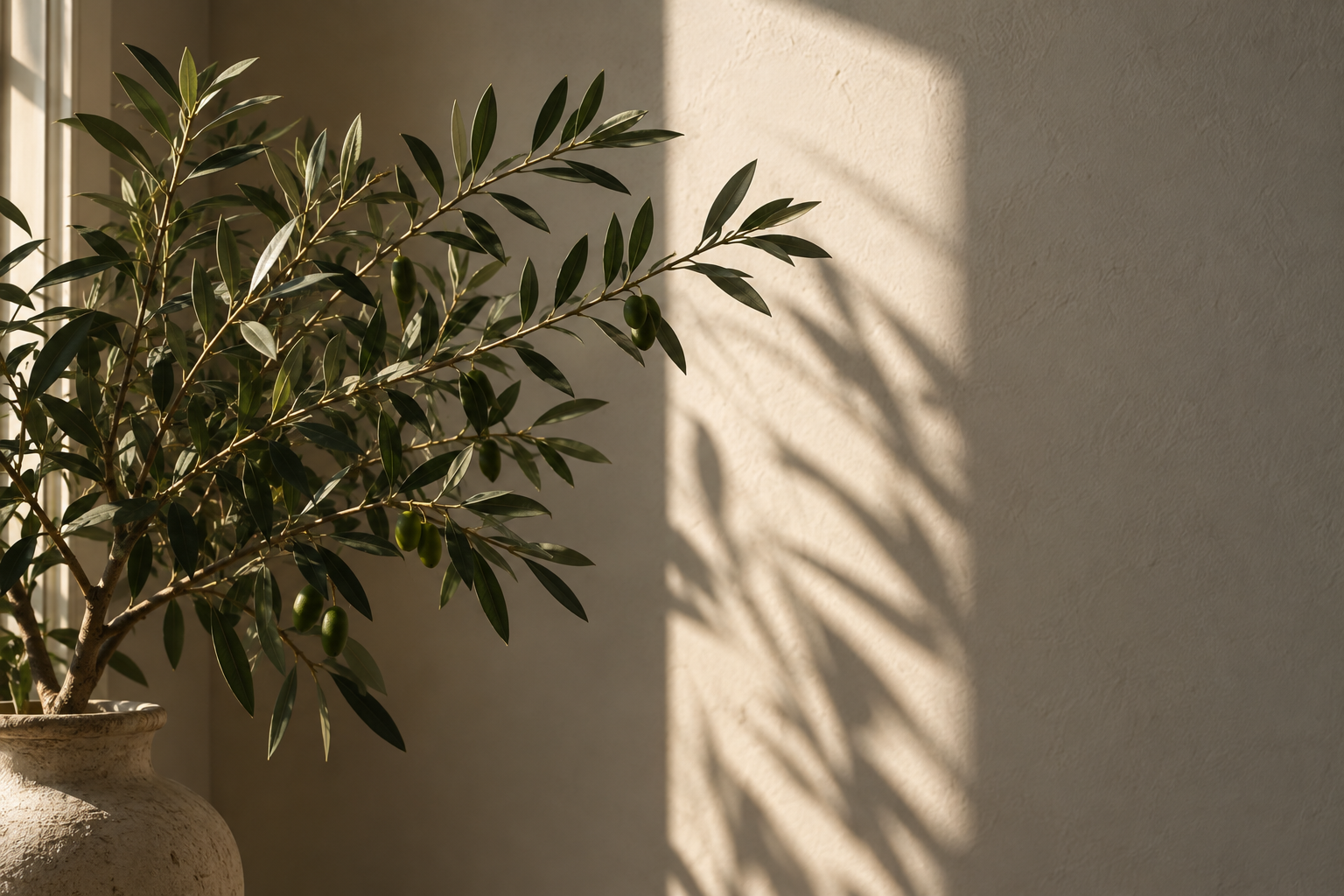 A potted olive tree casting soft shadows on a sunlit wall.