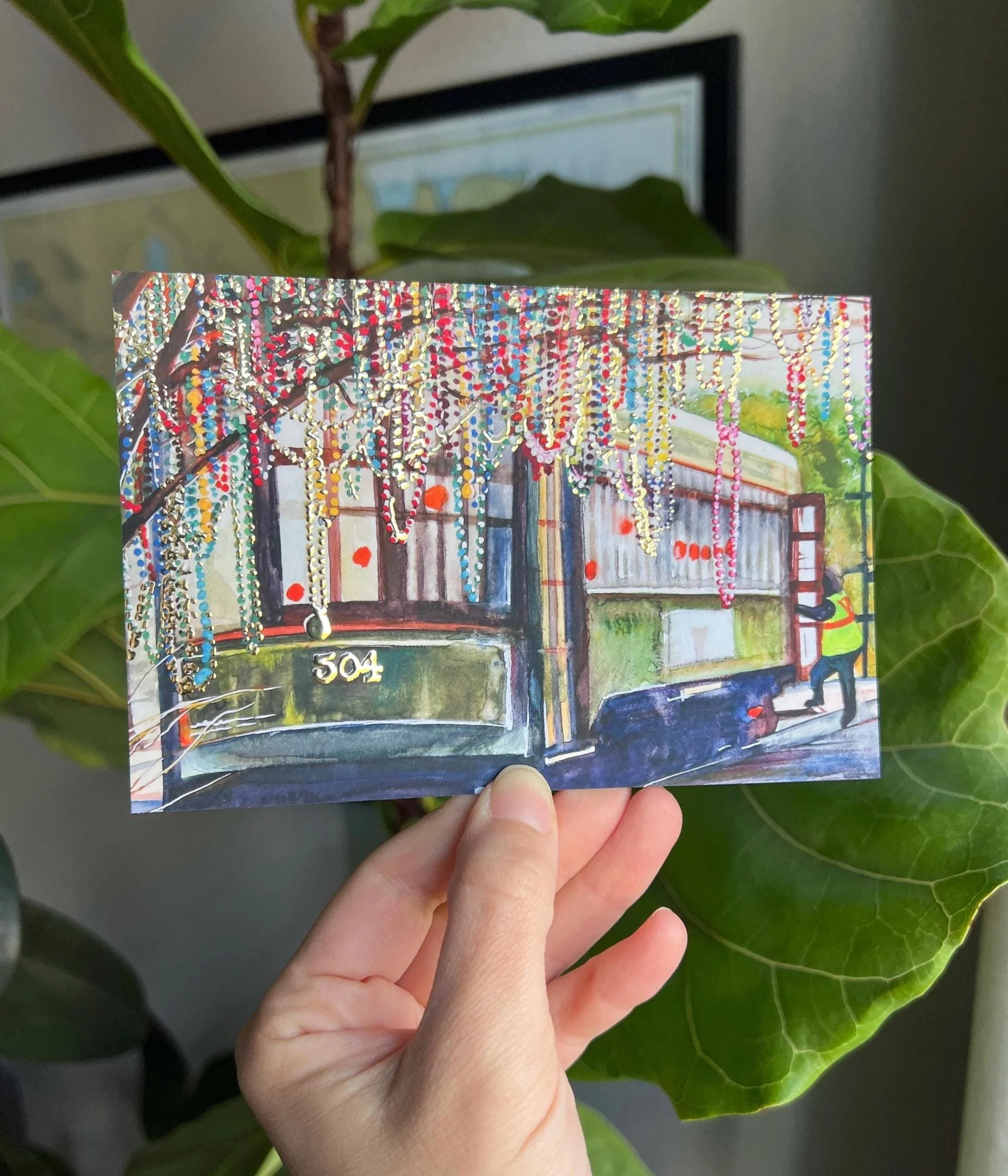 New Orleans Streetcar Postcards – Gold Foil Mardi Gras Beads, NOLA Art Print Set