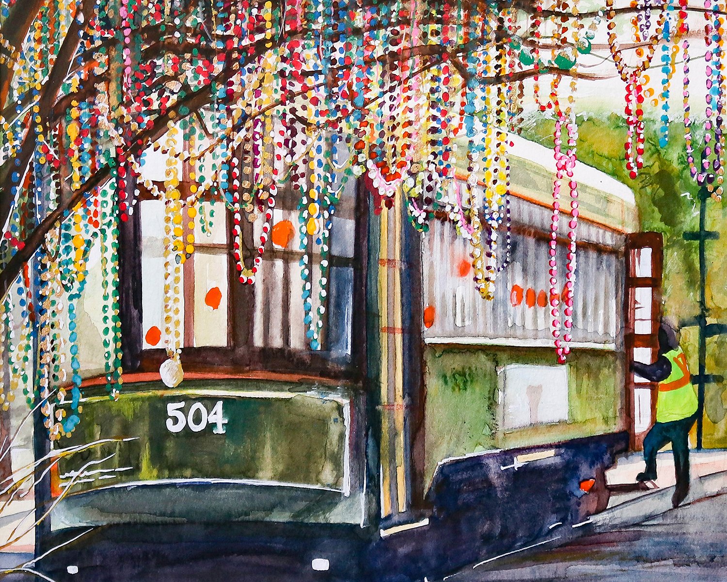 Watercolor painting of a New Orleans St. Charles streetcar draped in colorful Mardi Gras beads by artist Avery Ches.