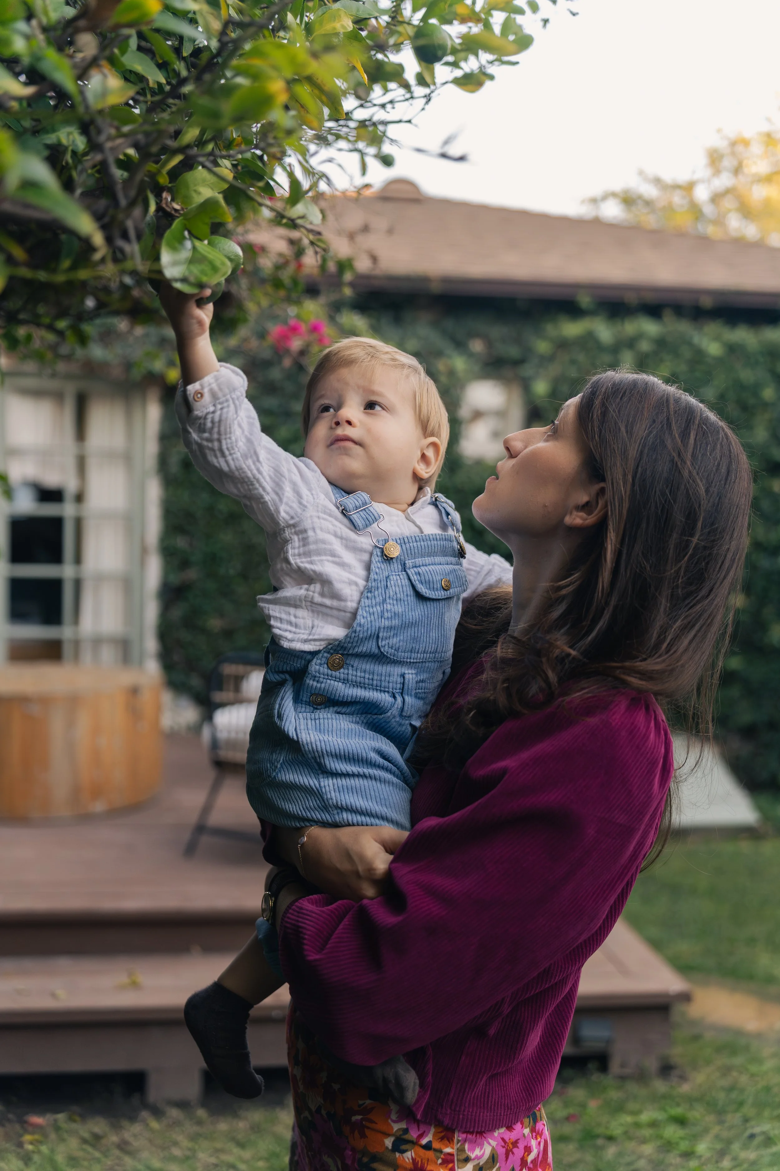 A woman with brown hair holding a young child with blonde hair. The child is reaching up to a leafy tree branch. They are outside on a wooden deck with a house and trees in the background.