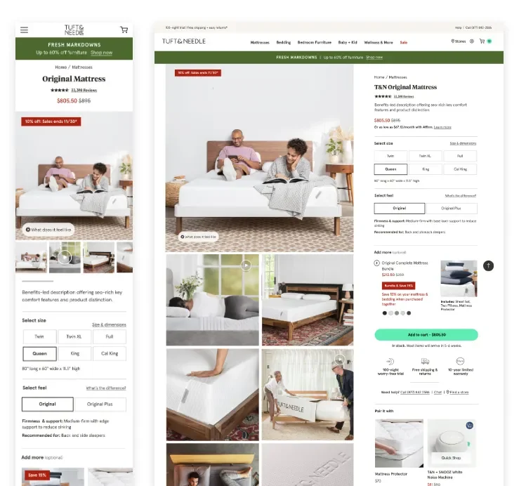 Mobile device screen displaying an online mattress store with various mattress products, images of people in bedrooms, and purchase options.