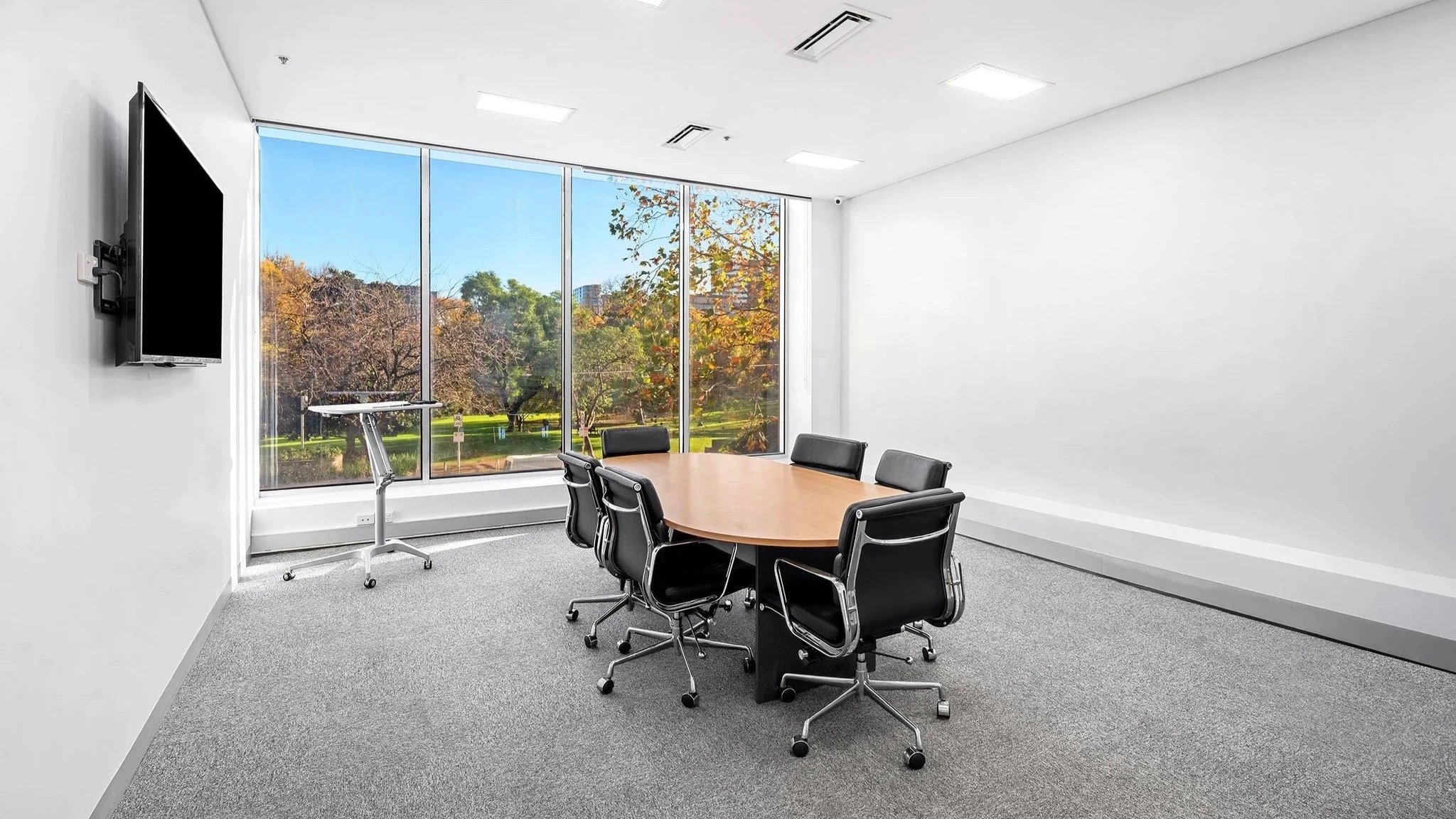 Flagstaff Mediation Centre Melbourne, view through large windows to Flagstaff Gardens trees, modern conference room with a wooden table surrounded by black chairs, large glass window, and a wall-mounted TV.