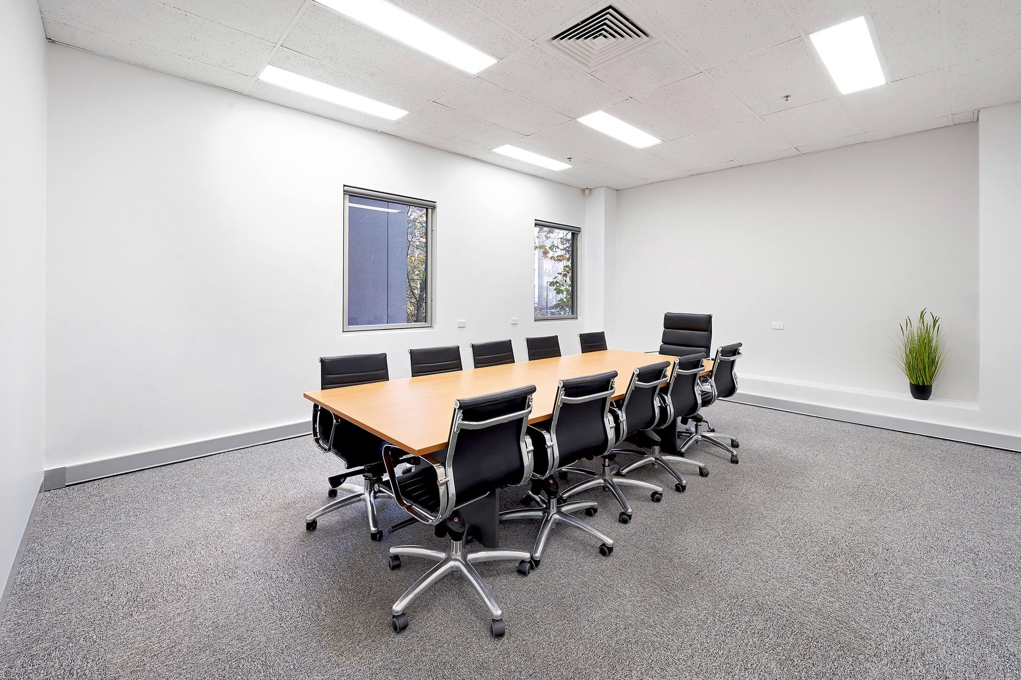 Flagstaff Mediation Centre - La Trobe Mediation Room 2 featuring with a large conference table, black leather chairs, two windows, and a potted plant.