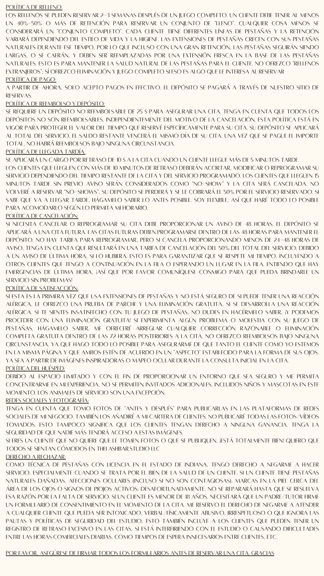 A detailed text document in Spanish outlining policies for reservations, cancellations, deposits, guest conduct, social media, and rights, with formatted sections and bullet points.