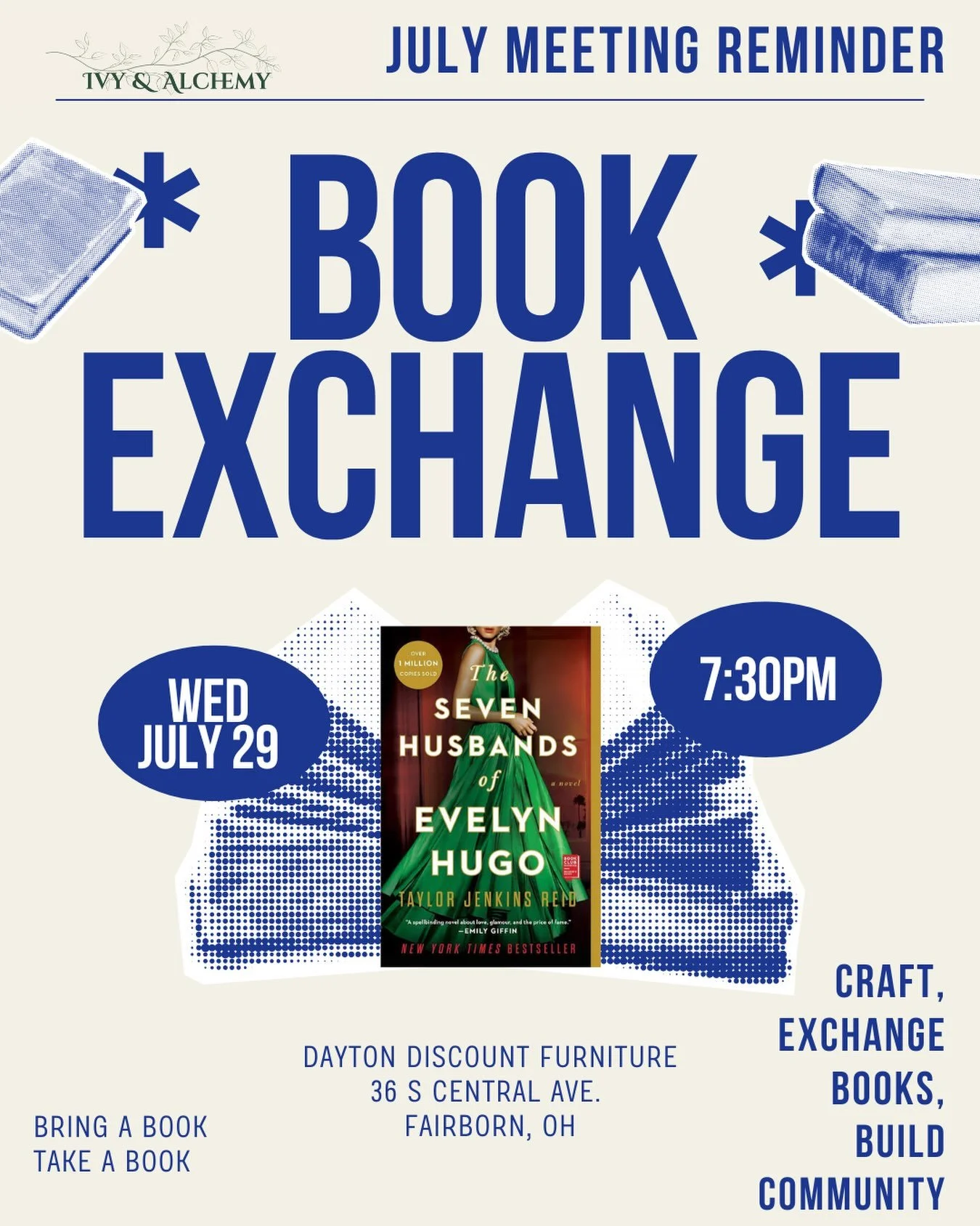 ✨🪩JULY MEETING REMINDER🪩✨

When: Wednesday, July 29th at 7:30pm
Where: @daytondiscountfurniture 36 S Central Ave Fairborn, OH

This month we are reading The Seven Husbands of Evelyn Hugo by @tjenkinsreid 

In addition to our craft this month we are