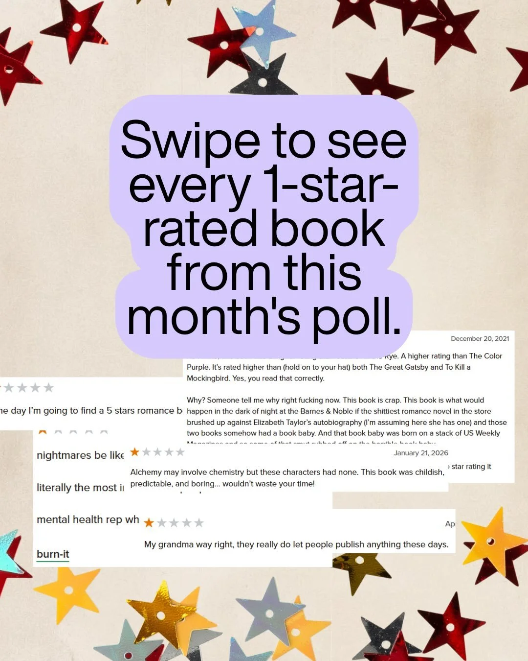 As promised, here are the book reveals of the other 1 ⭐️ reviews. Have you read any of these? What did you rate them? 🤔

#bookclub #onestarreviews #ivyandalchemysociety #dayton #fairborn
