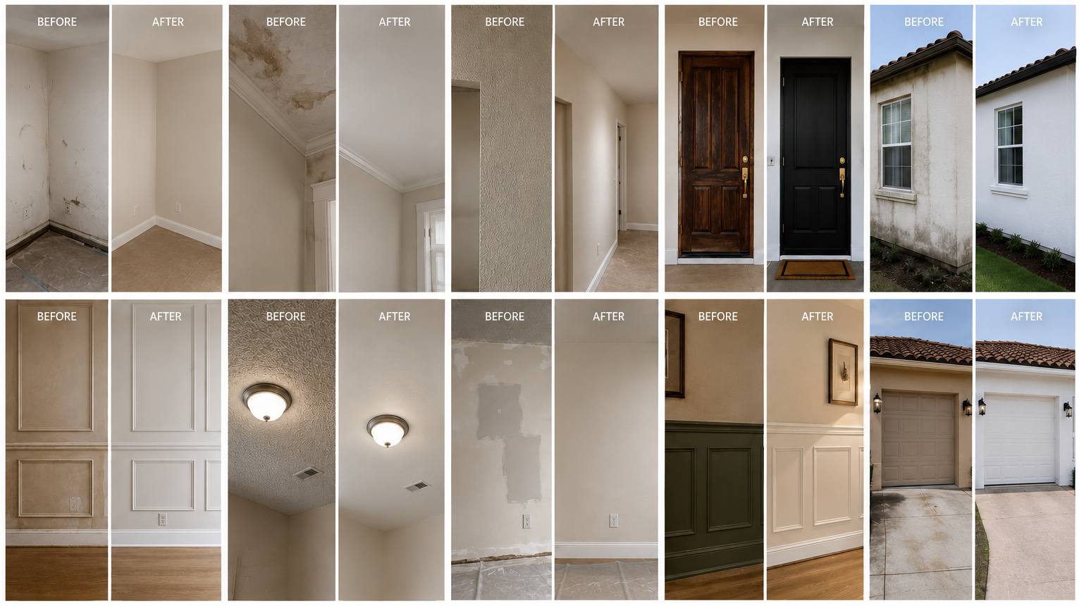 A collage showing the transformation of several interior and exterior parts of a house, including walls, ceilings, and doors, from before renovation to after renovation.