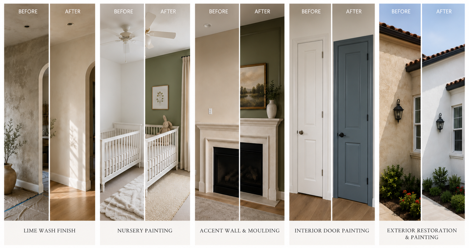 Series of images showing before and after photos of home renovation projects, including lime wash finish walls, nursery painting, accent wall and molding, interior door painting, and exterior restoration and painting.