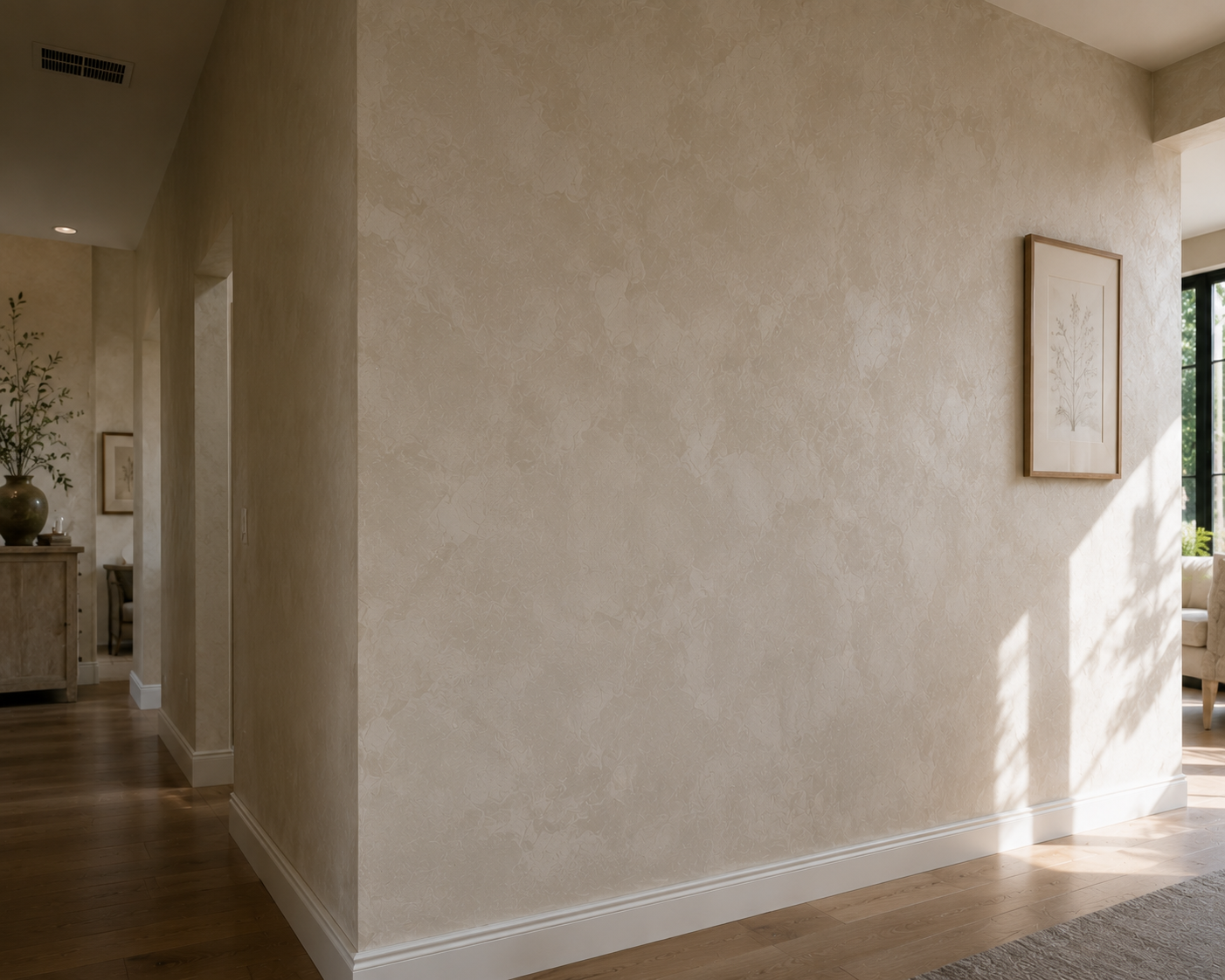 A beige textured wall in a home with a framed botanical print and a sunlight shadow on the right side.