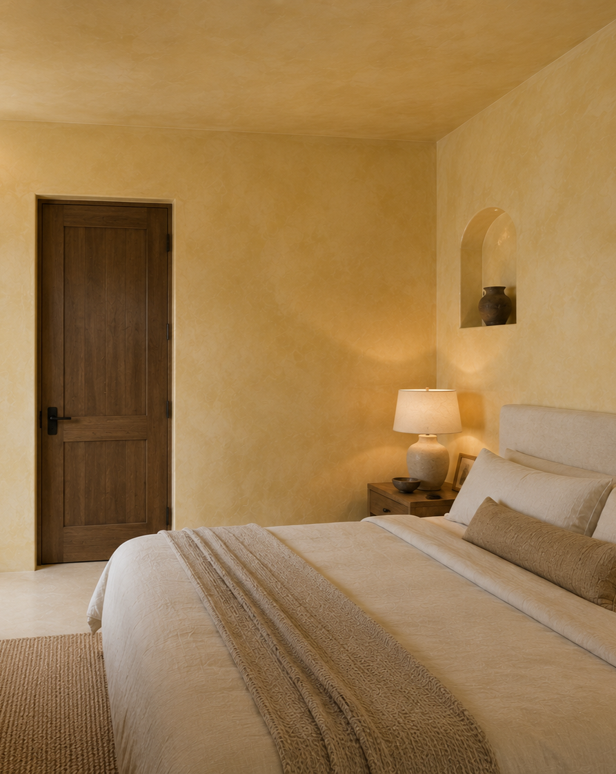 A cozy bedroom with beige walls, a wooden door, a bed with neutral-toned bedding and pillows, a nightstand with a lamp, and a small decorative niche with a vase.
