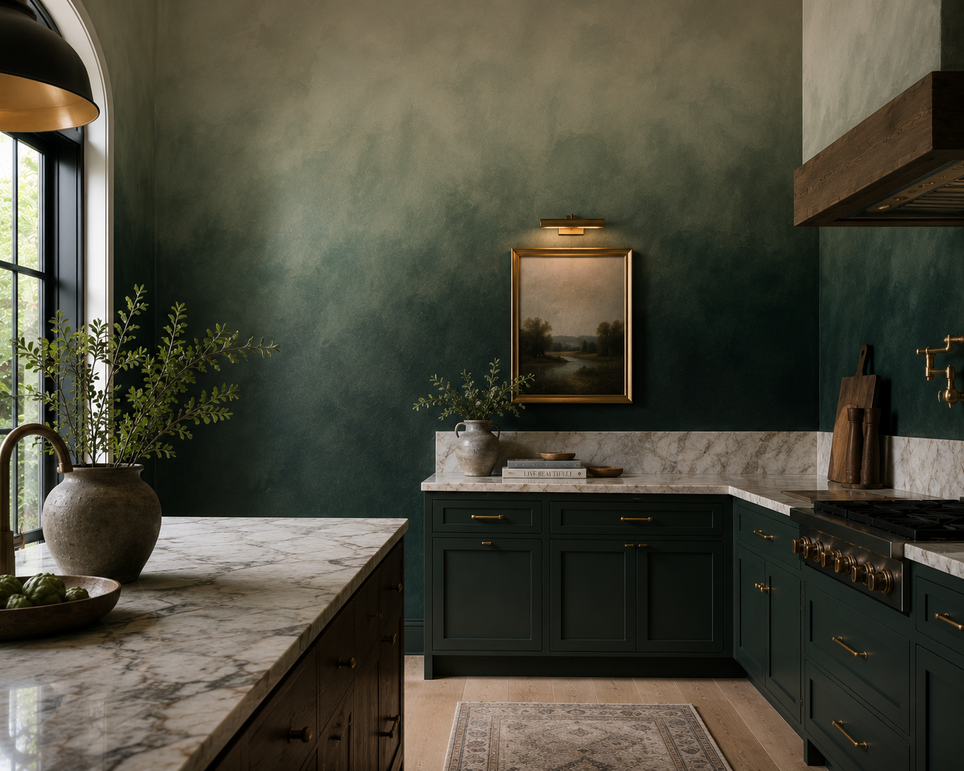 A kitchen with dark green cabinets, marble countertops, and a large window with black framing. There are decorative vases with greenery, a framed landscape painting, and a gold light fixture above the painting.