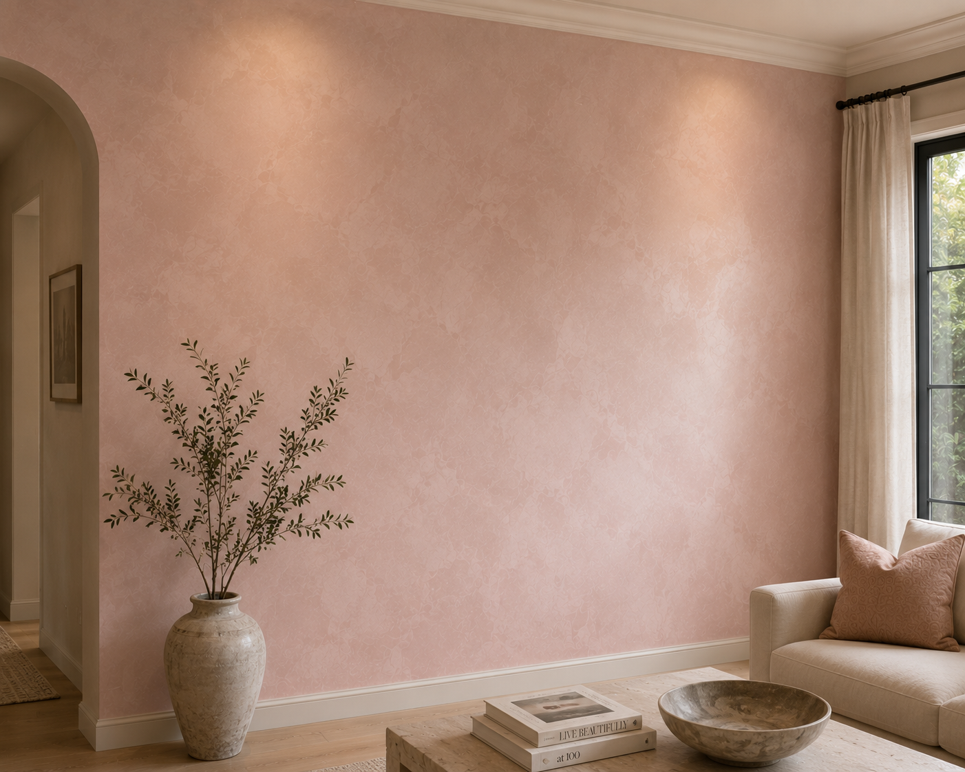Living room with pink textured wall, a large window with curtains, a cream sofa with a pink pillow, a wooden coffee table with books and a decorative bowl, and a tall vase with greenery.