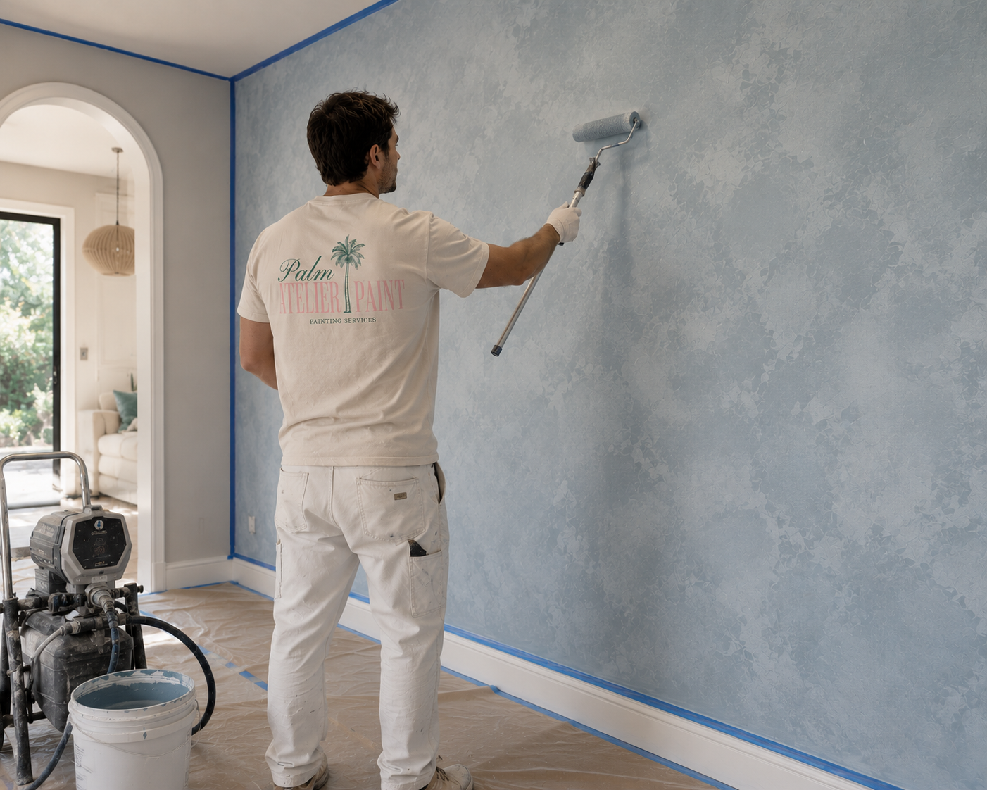 A man painting a wall with a roller brush in a room with a large window. He is wearing white pants and a t-shirt that says 'Palm Atelier Paint' with a palm tree logo. The room has blue painter's tape along the edges and a bucket of paint on the floor.