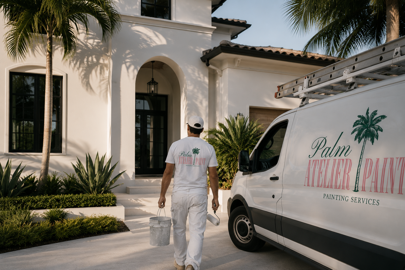 A painter from Palm Atelier Painting walking towards a white house carrying a bucket and paint roller, with a Palm Atelier Painting van parked beside him.
