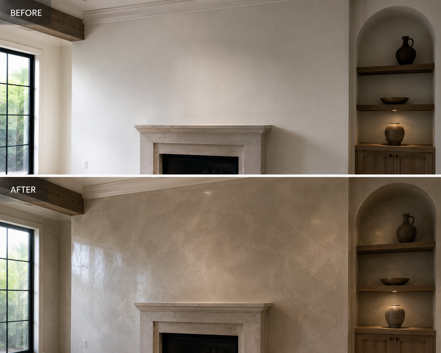 Comparison of before and after interior wall renovation: the 'before' shows a plain, textured white wall above a fireplace with a wooden beam ceiling and built-in shelves, while the 'after' shows the wall refinished with a smooth, beige marble-like finish.