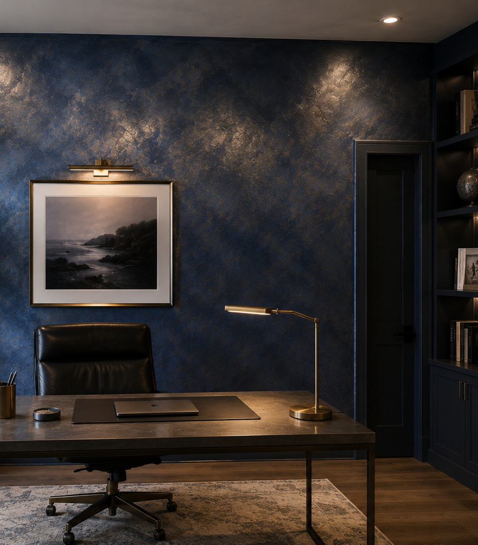 Modern office with dark blue textured wall, framed black-and-white landscape photograph, black leather office chair, wooden desk with laptop and desk lamp, bookshelf with decor and books, dim recessed lighting, and wooden flooring.