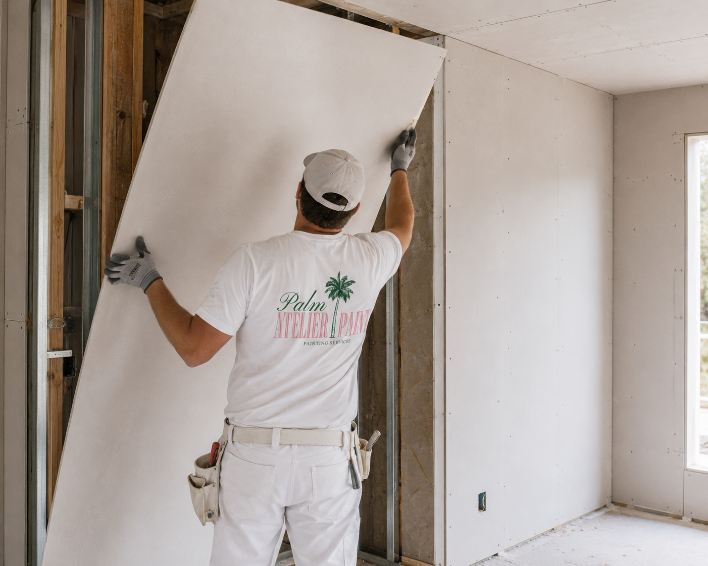 A construction worker installing drywall on a wall in a room under renovation. The worker is wearing a white cap, white shirt with a palm tree logo, and gray gloves, and is using a tool to secure the drywall. The room has exposed wooden framing and partially installed drywall with a window on the right side.
