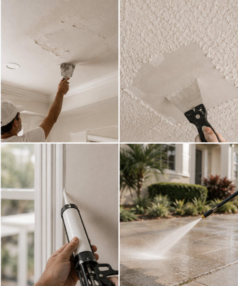 A collage of four images showing home repair activities: a person scraping peeling paint off a ceiling, a putty knife smoothing a textured ceiling, a person applying caulk along the edge of a wall, and a person spraying water on an outdoor tiled patio.