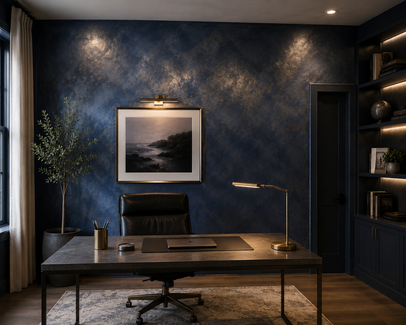 A modern office with a dark blue textured wall, a framed painting of a coastal landscape, a large desk with a laptop, a black leather chair, a brass desk lamp, a tall potted plant, built-in bookshelves with decor, and a window with beige curtains.