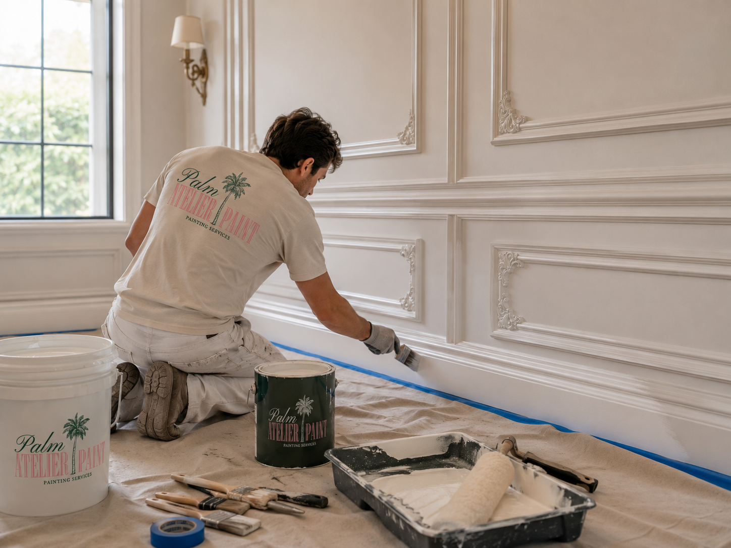 A man painting decorative wall paneling white in a room with large window, painter's supplies including paint cans, brushes, roller and tape on floor.