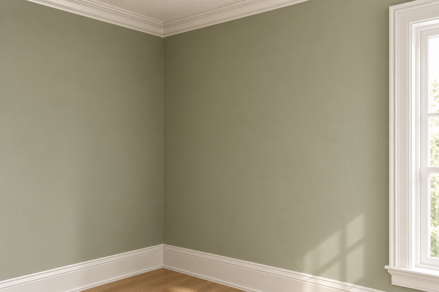 An empty room with light green walls, white crown molding, and white baseboards, illuminated by natural light from a window on the right.