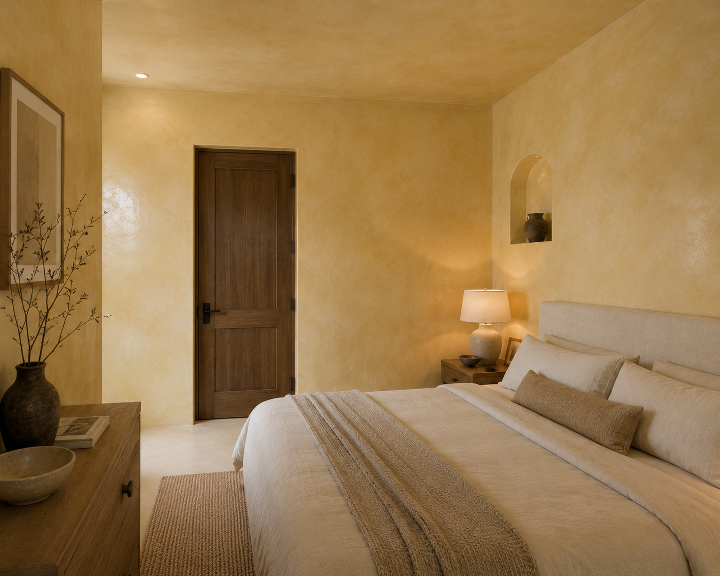 A cozy bedroom with a beige color palette, featuring a bed with a beige headboard, a bedside table with a lamp, and decorative items on a shelf.