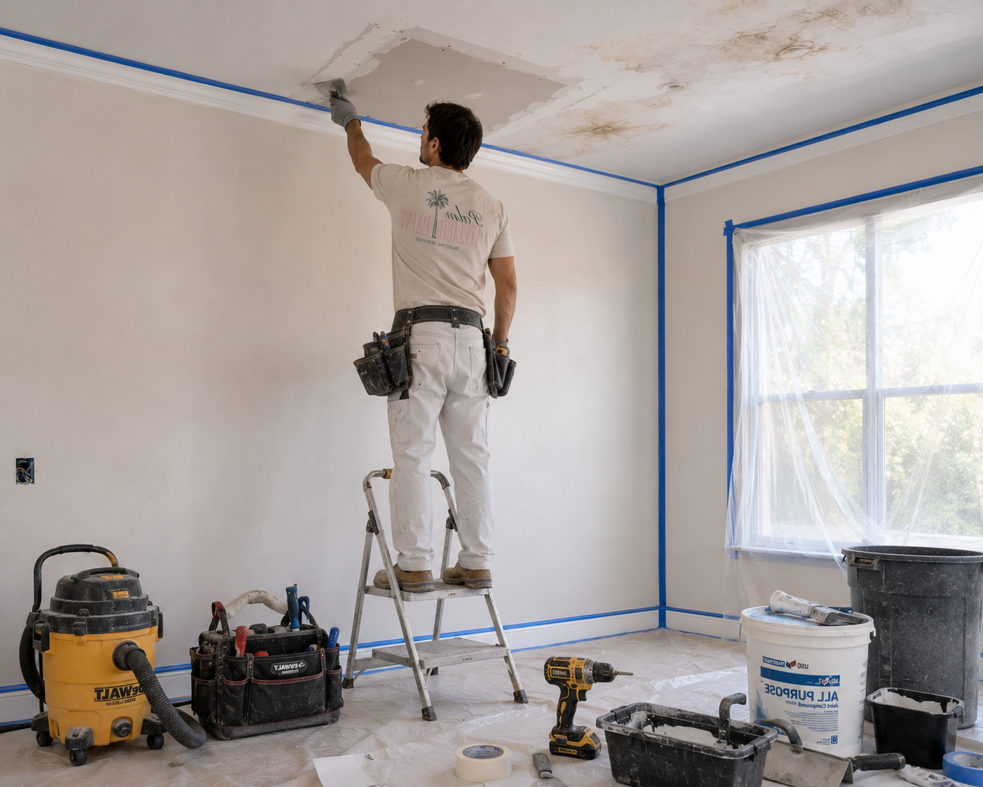 A man standing on a ladder painting a ceiling in a room with painting tools and supplies on the floor, window covered with plastic, blue painter's tape along walls and ceiling.