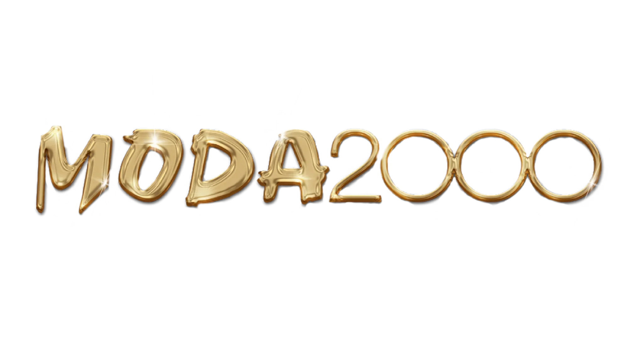 Golden balloon text spelling 'MODA2000' with sparkles on a black background.