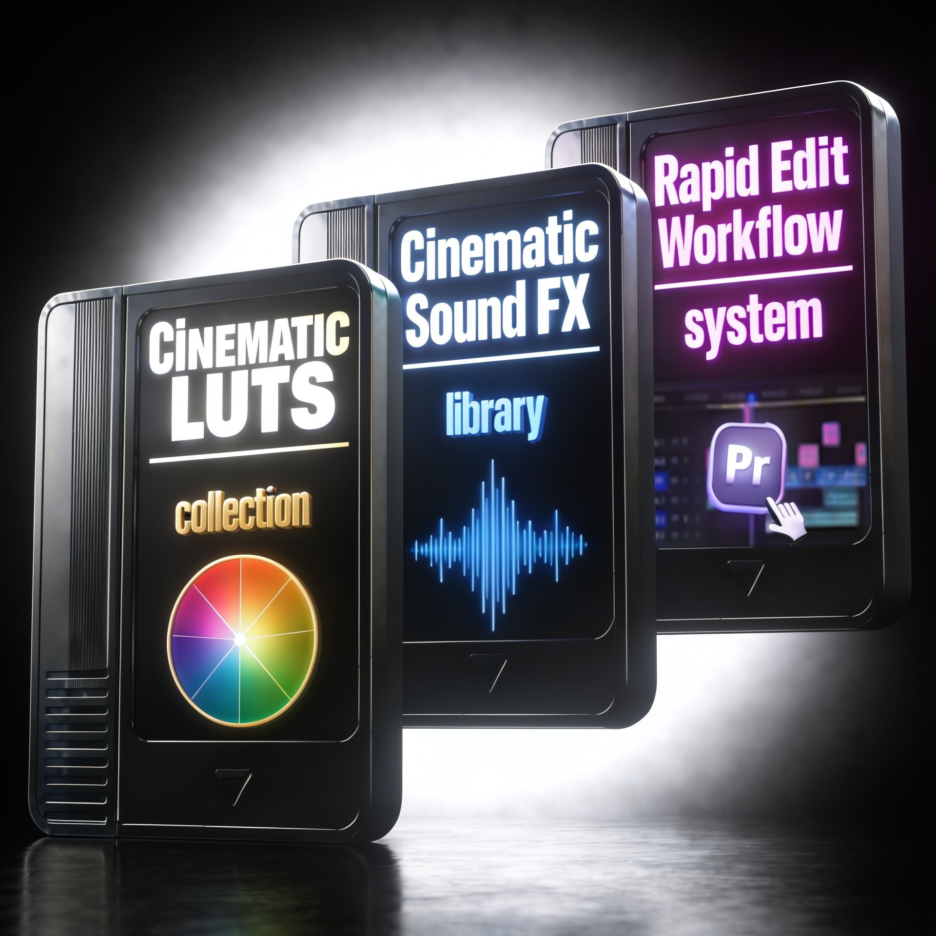 Digital screens displaying editing and sound effects, color wheel graphic, and media workflow tools.