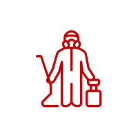 Red outline of a worker in a jumpsuit with a bucket in one hand and a tool in the other, standing on a black background.