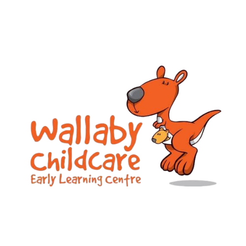Logo for Wallaby Childcare Early Learning Centre featuring a cartoon wallaby holding a small kangaroo on its pouch, with the name of the childcare center in orange text.