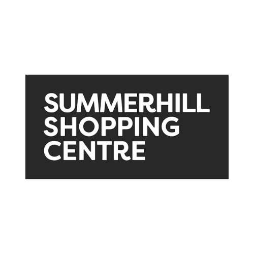 Sign for Summerhill Shopping Centre with white text on a black background.