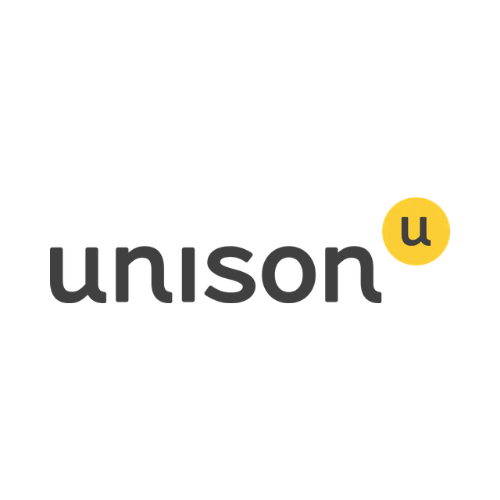 Unison logo with a black heart and lowercase 'unison' text, featuring a yellow circle with a lowercase 'u' on it.