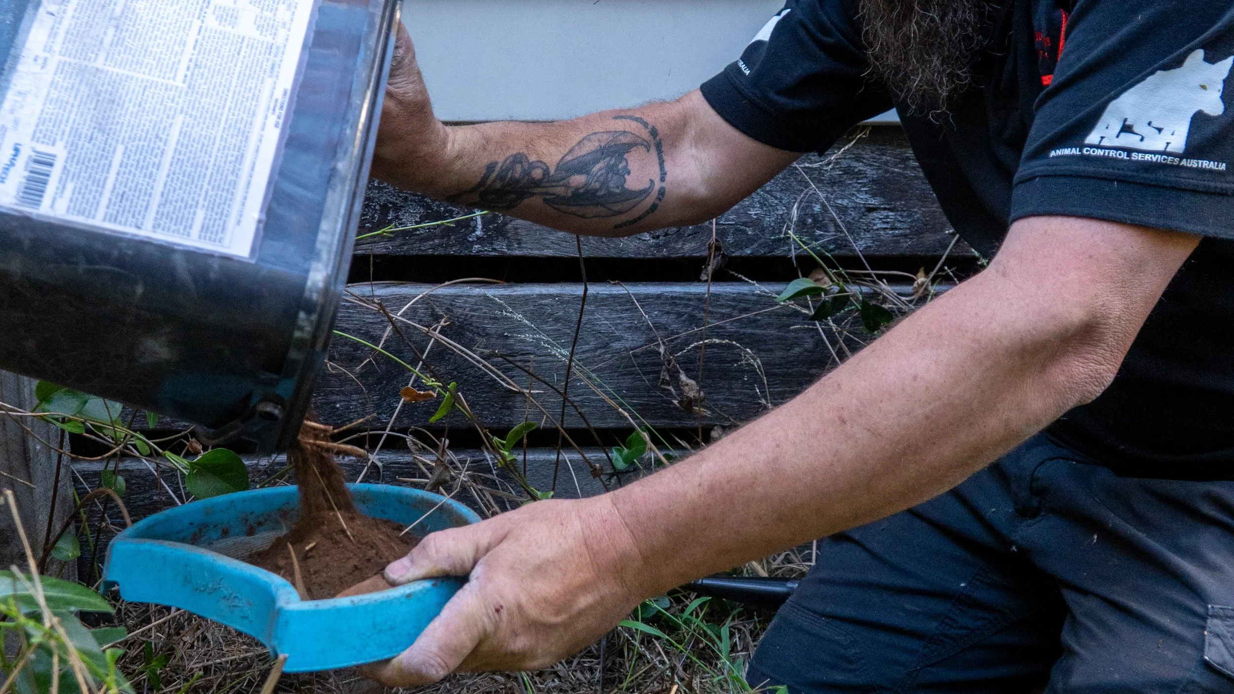A person with a tattoo on their arm is working outdoors, mixing soil or compost in a blue container, with their hands. They are leaning over a wooden surface, surrounded by plants and garden tools.