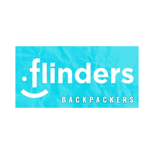 Logo of Flinders Backpackers with a blue background and white text.