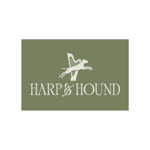 Logo with a stylized harp and hound, with the text 'HARP & HOUND' on an olive green background.
