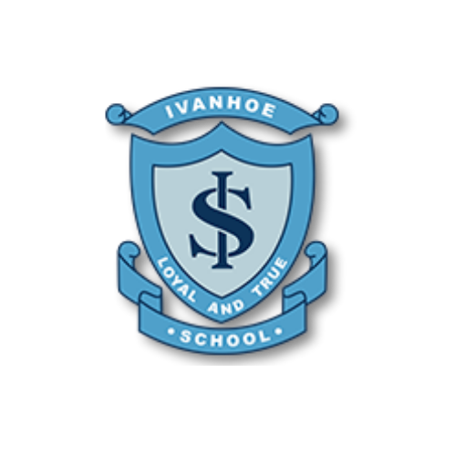 School emblem with a shield, banner reading 'Ivanhoe Loyal and True School,' and central monogram 'S' and 'J'.