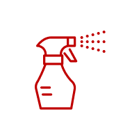 Red illustration of a spray bottle spraying liquid.