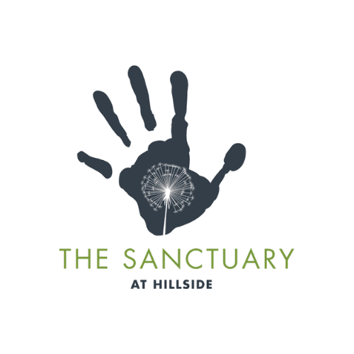 A logo featuring a dark handprint with a dandelion seed head in its palm, and a tiny figure standing on the seed head, with the text 'The Sanctuary at Hillside' underneath.