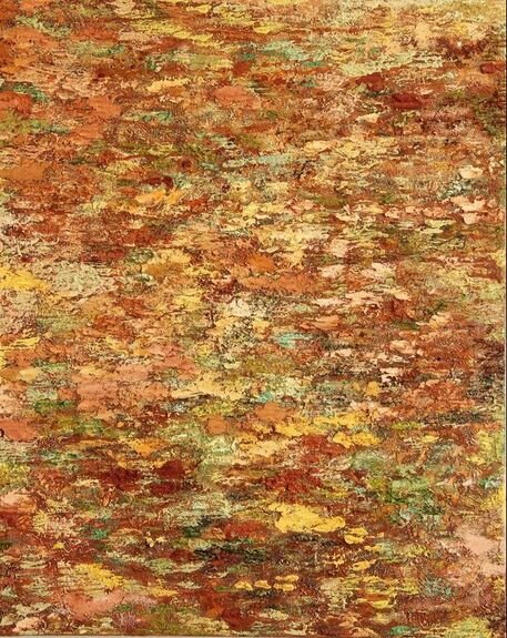 Abstract painting with textured brushstrokes in shades of orange, yellow, green, and brown.