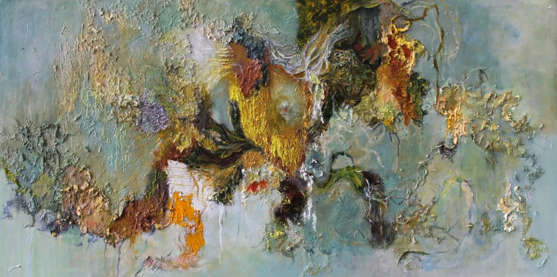 Abstract textured painting with earthy tones, including greens, browns, yellows, and touches of purple and red, featuring layered, rough, and swirling paint strokes.