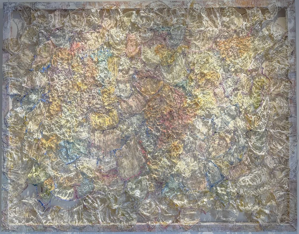 Abstract textured artwork with gold, silver, and muted pastel colors, resembling crumpled metallic foil.