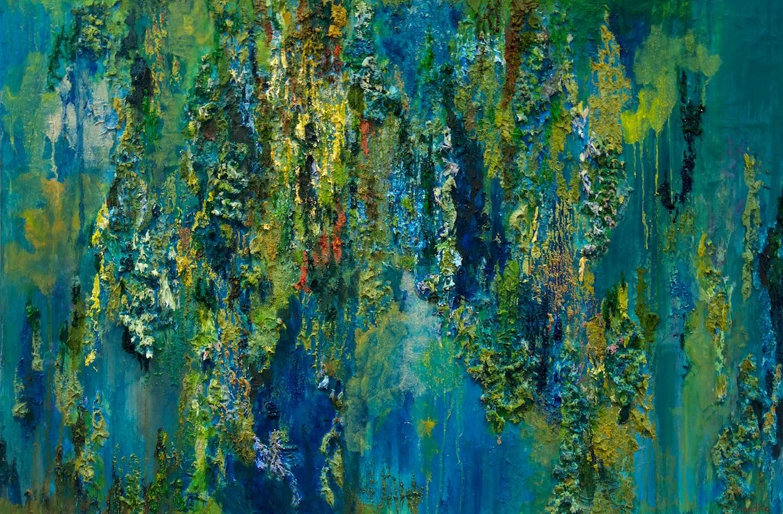 Abstract painting of hanging moss and foliage in various shades of green, blue, yellow, and hints of red.