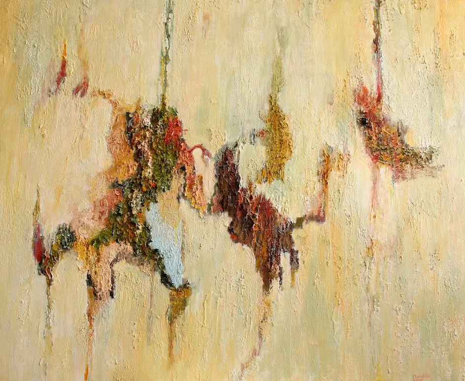 Abstract textured painting with earth tones, depicting a map of the world with continents in various colors against a beige background.